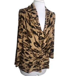 Juliette Animal Print Drawstring Front Low Cowl Drop Collar Long Sleeve Top Sz L